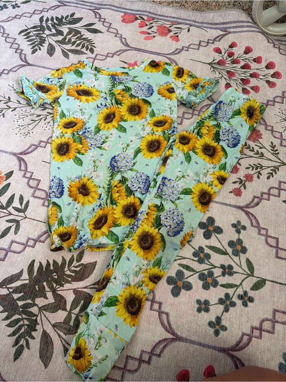Posh Peanut Mint Sunflower & Blue Hydrangea Kids Pajama Set